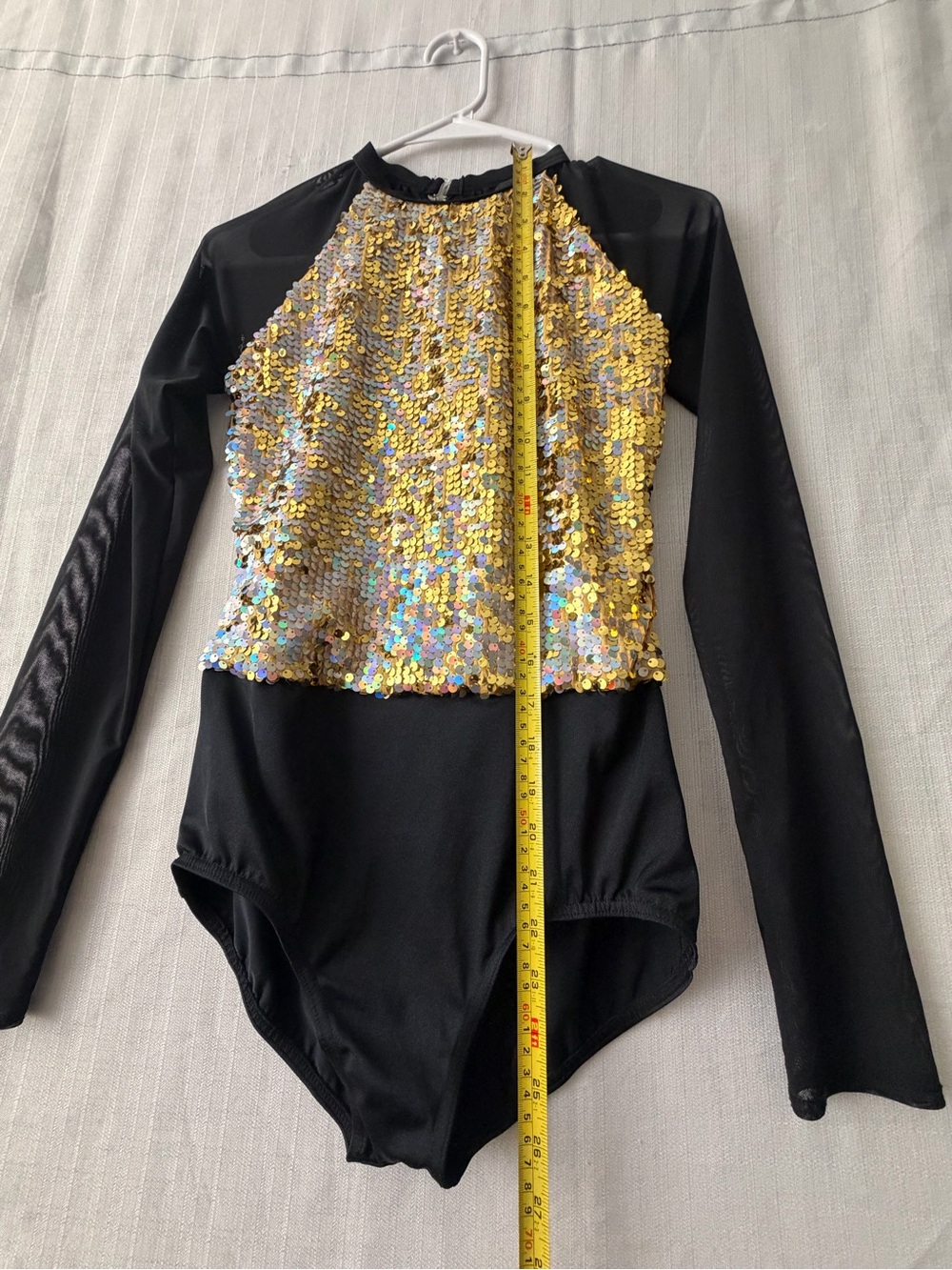 Weissman Gold Sequin Black Mesh Long Sleeve Leotard Size MA Excellent (A642) - Picture 5 of 11